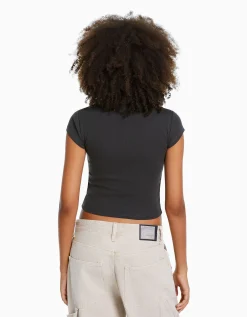 BERSHKA T-shirt manches courtes bord côte Gris Sale