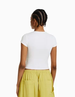 BERSHKA T-shirt manches courtes bord côte Blanc cassé Shop