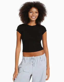 BERSHKA T-shirt manches courtes bord côte Noir Clearance