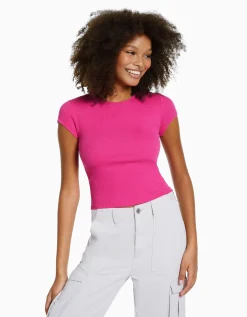 BERSHKA T-shirt manches courtes bord côte Fuchsia Shop