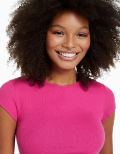 BERSHKA T-shirt manches courtes bord côte Fuchsia Shop
