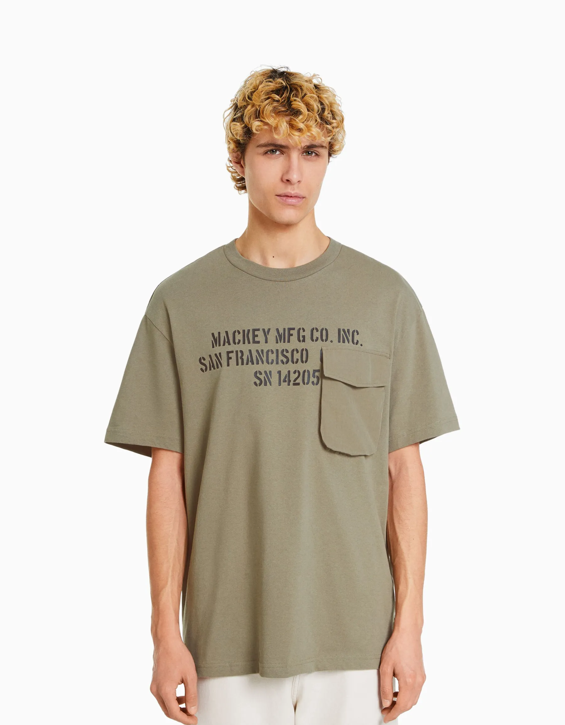 BERSHKA T-shirt manches courtes boxy fit imprimé poche Kaki Cheap