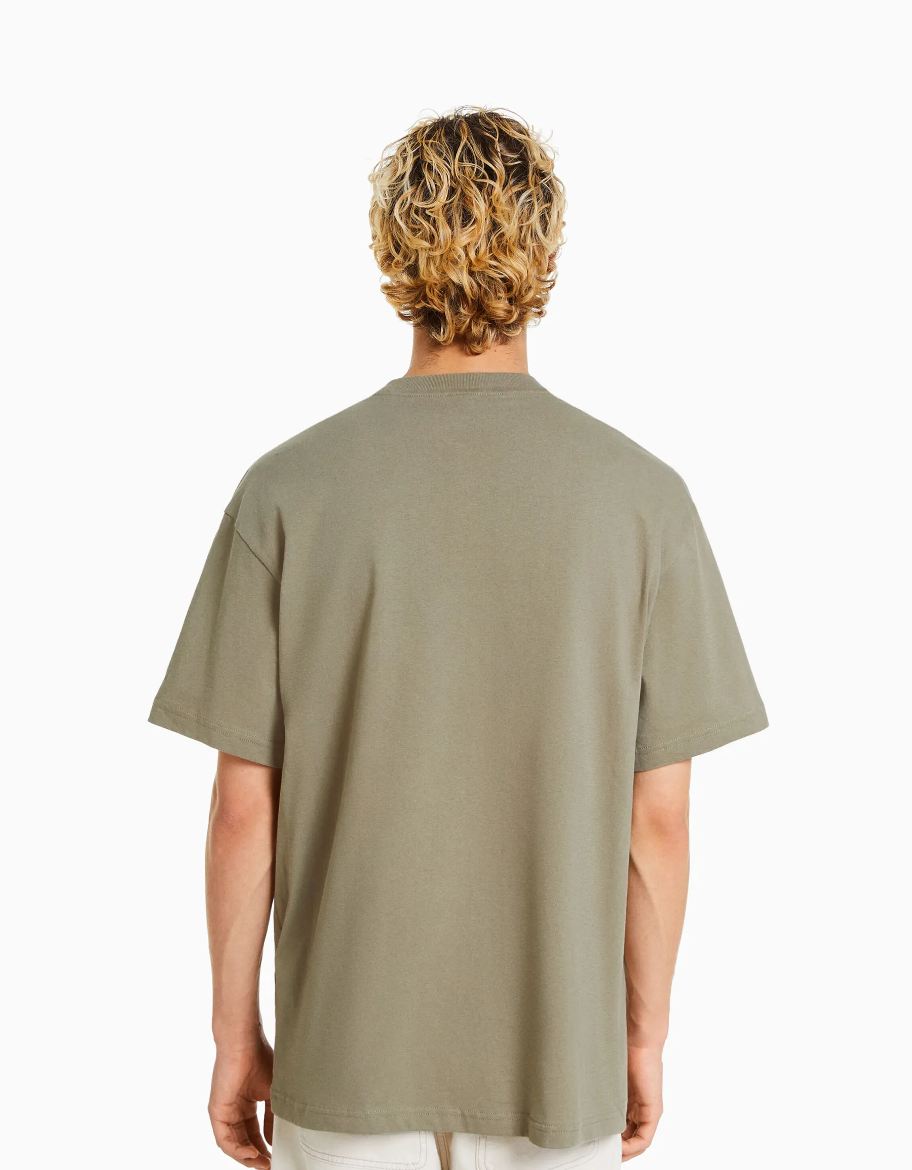BERSHKA T-shirt manches courtes boxy fit imprimé poche Kaki Cheap