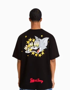 BERSHKA T-shirt manches courtes boxy fit imprimé Tom & Jerry Noir Shop