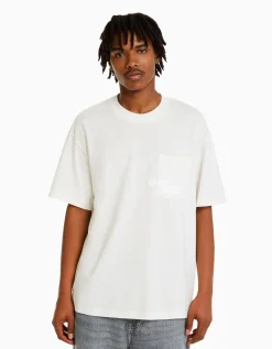 BERSHKA T-shirt manches courtes boxy fit poche Blanc Store