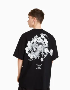 BERSHKA T-shirt manches courtes boxy fit imprimé One Piece Noir Cheap