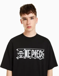 BERSHKA T-shirt manches courtes boxy fit imprimé One Piece Noir Cheap