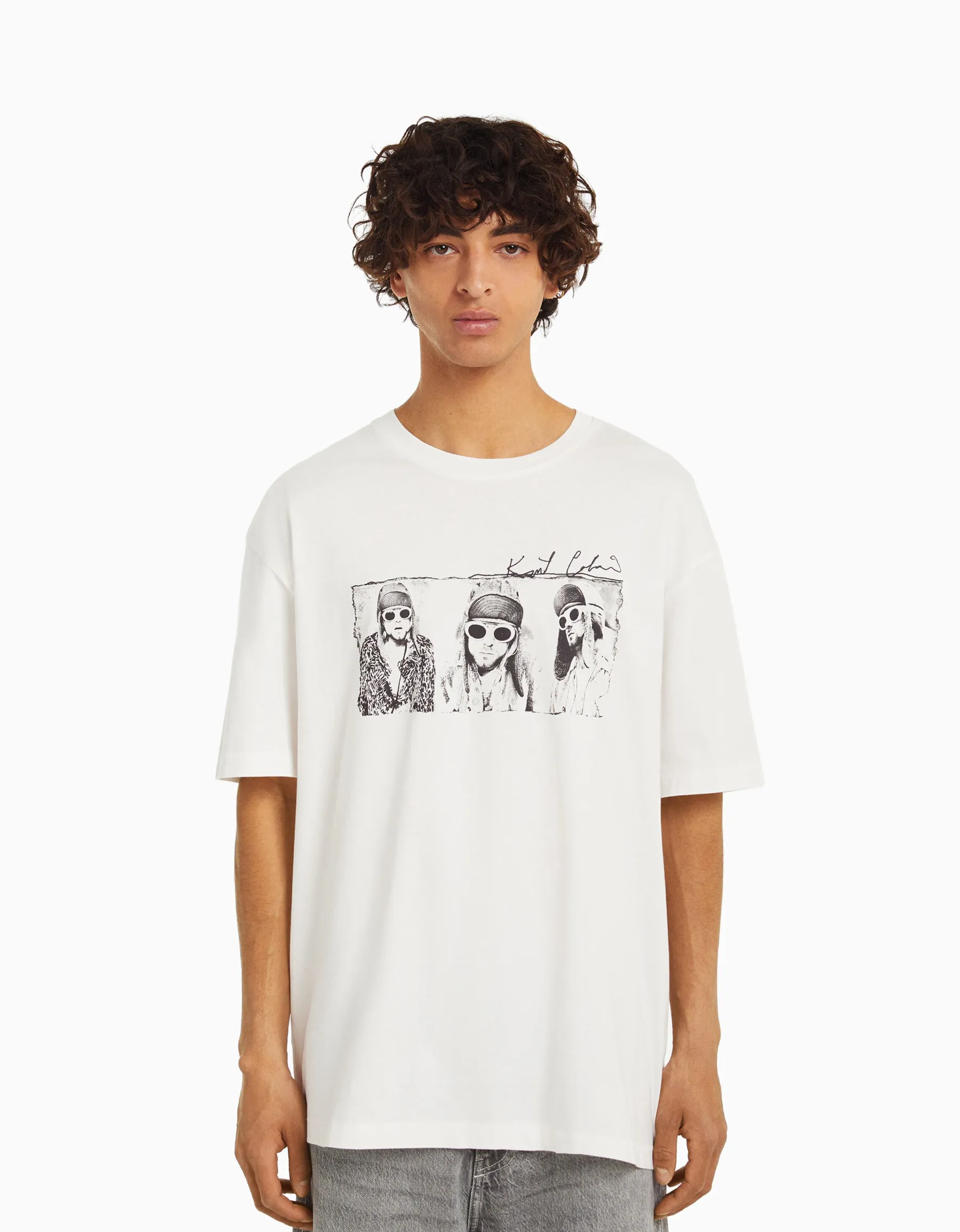 BERSHKA T-shirt manches courtes boxy fit Kurt Kobain Blanc Sale