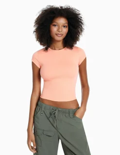 BERSHKA T-shirt manches courtes bord côte Orange Flash Sale