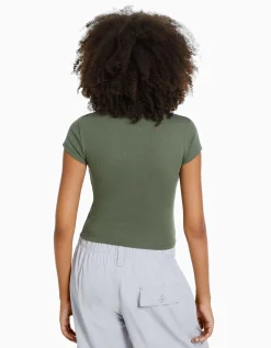 BERSHKA T-shirt manches courtes bord côte Kaki Shop