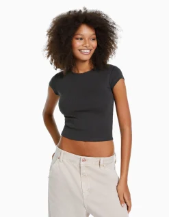 BERSHKA T-shirt manches courtes bord côte Gris Store