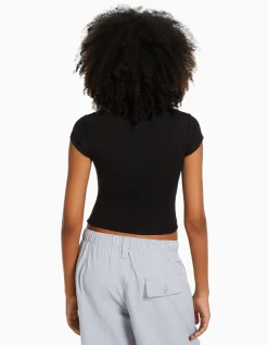 BERSHKA T-shirt manches courtes bord côte Noir Best