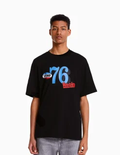 BERSHKA T-shirt manches courtes boxy fit racing Noir Hot
