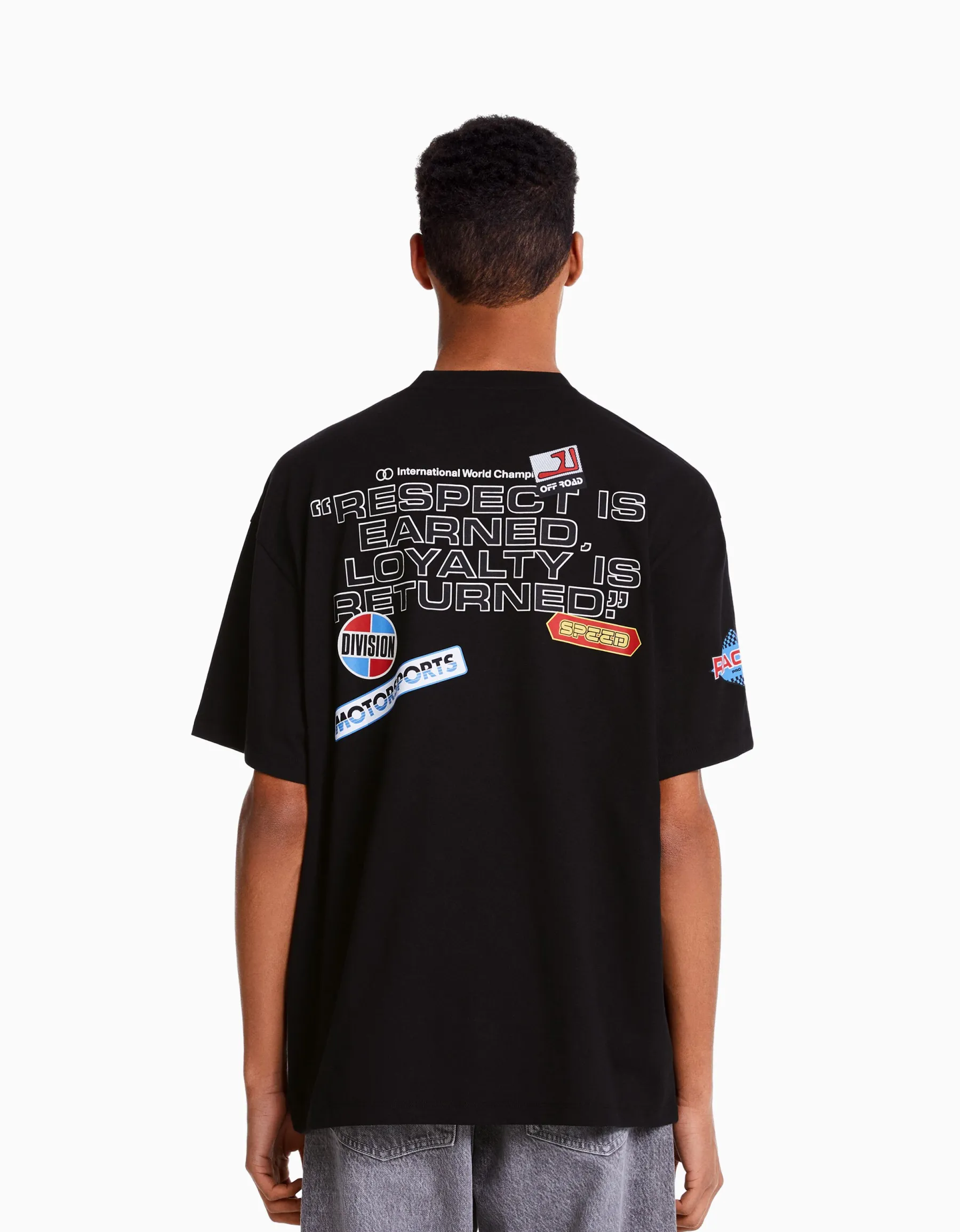 BERSHKA T-shirt manches courtes boxy fit racing Noir Hot