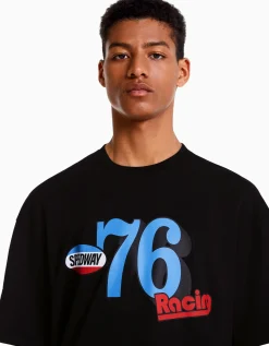 BERSHKA T-shirt manches courtes boxy fit racing Noir Hot