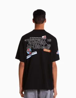 BERSHKA T-shirt manches courtes boxy fit racing Noir Clearance