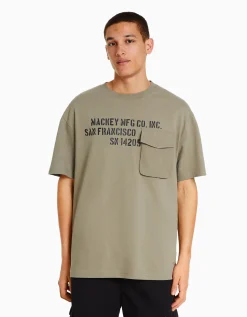 BERSHKA T-shirt manches courtes boxy fit imprimé poche Kaki Hot
