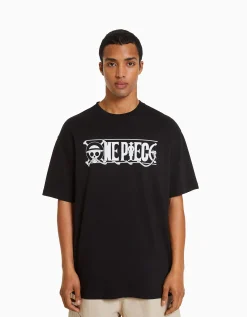 BERSHKA T-shirt manches courtes boxy fit imprimé One Piece Noir Sale