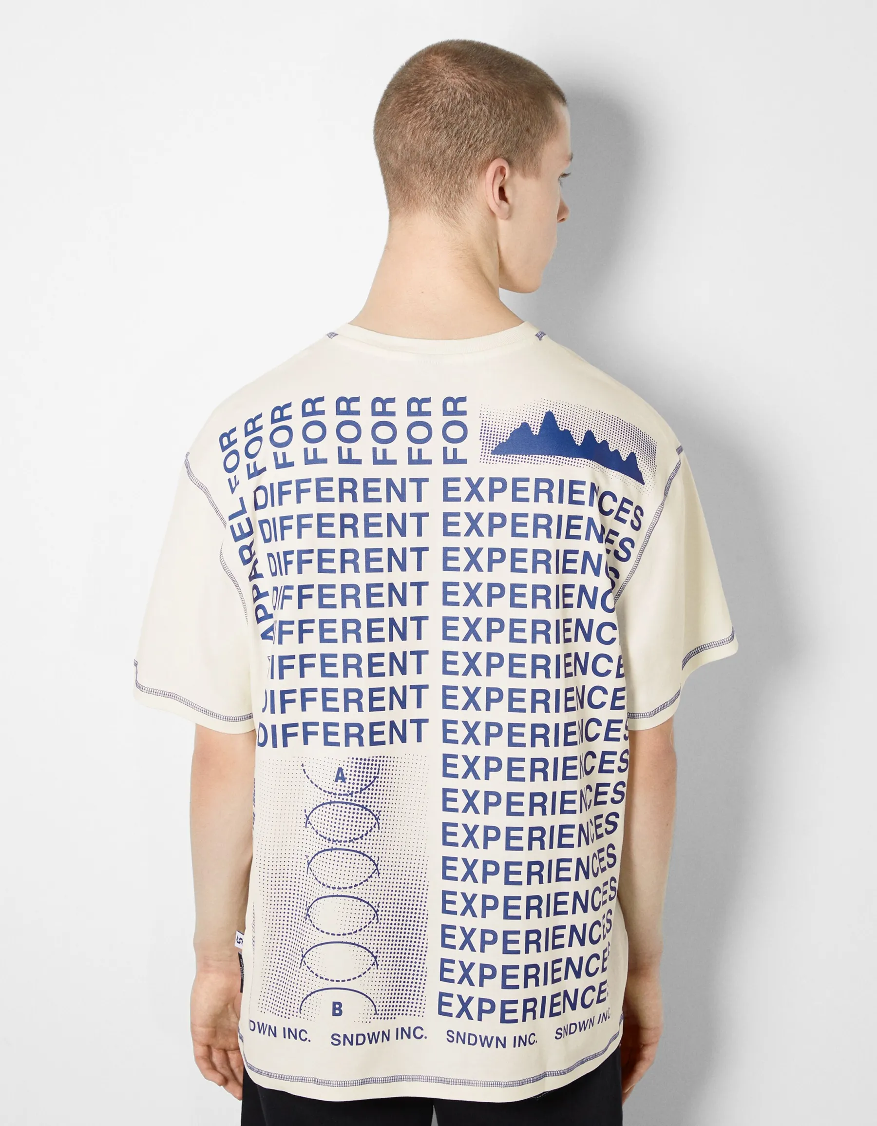 BERSHKA T-shirt manches courtes boxy fit fil contraste imprimé lettering Blanc Shop