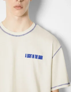 BERSHKA T-shirt manches courtes boxy fit fil contraste imprimé lettering Blanc Shop