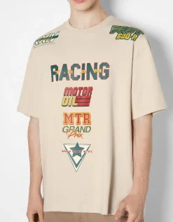 BERSHKA T-shirt manches courtes boxy imprimé racing Camel Shop