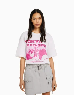 BERSHKA T-shirt manches courtes boxy fit imprimé TOKYO REVENGERS Noir Cheap