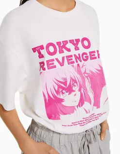 BERSHKA T-shirt manches courtes boxy fit imprimé TOKYO REVENGERS Noir Hot