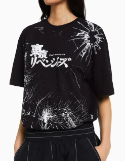 BERSHKA T-shirt manches courtes boxy fit TOKYO REVENGERS Noir Hot
