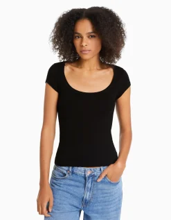 BERSHKA T-shirt manches courtes col rond Bleu lavé Sale