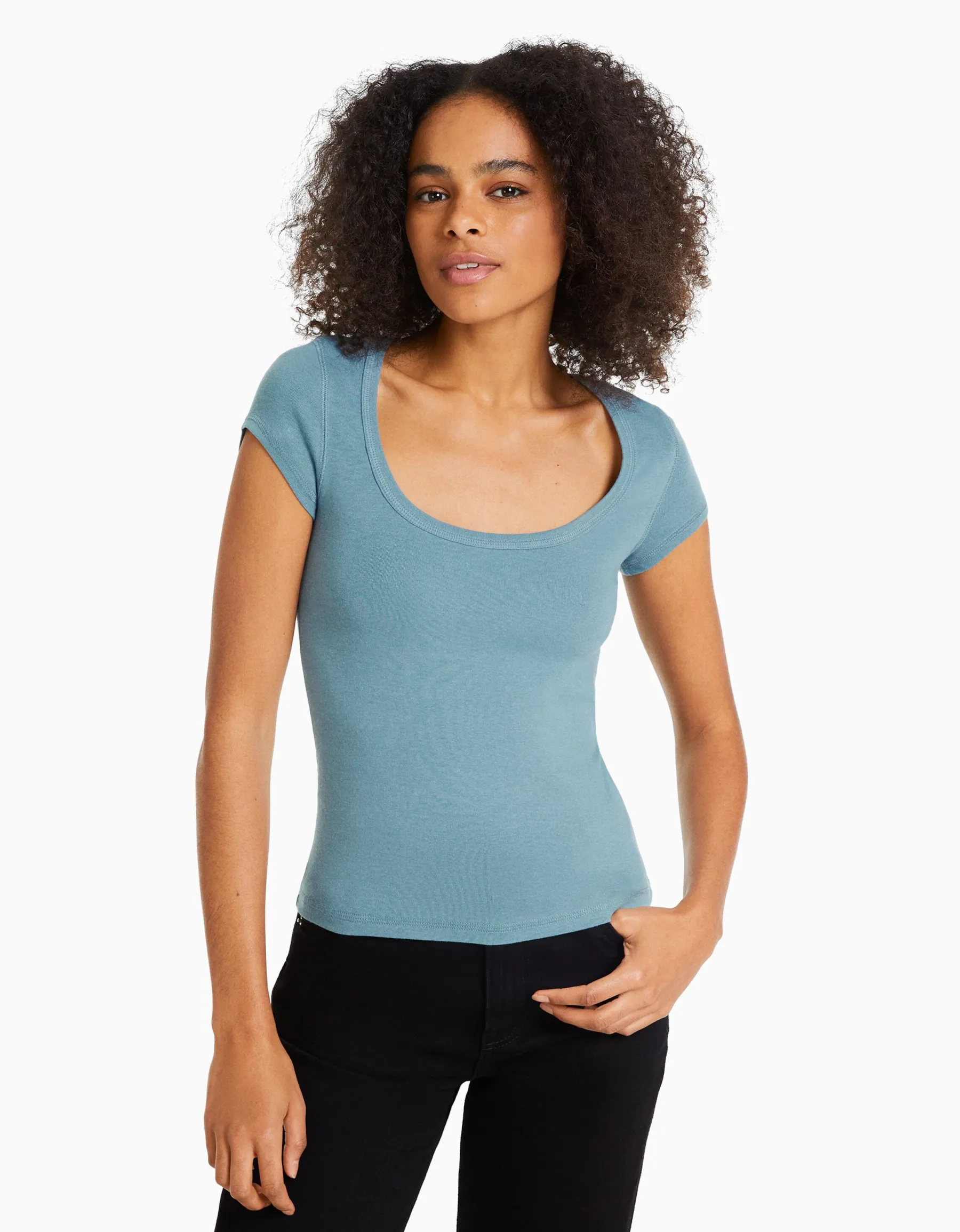 BERSHKA T-shirt manches courtes col rond Bleu lavé Cheap