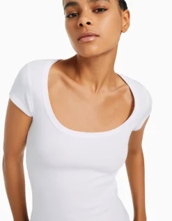 BERSHKA T-shirt manches courtes col rond Bleu lavé Flash Sale