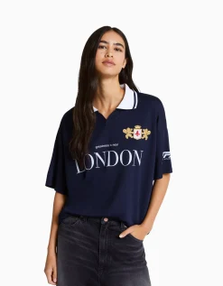 BERSHKA T-shirt manches courtes col polo football Marine Flash Sale
