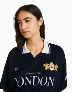 BERSHKA T-shirt manches courtes col polo football Marine Fashion