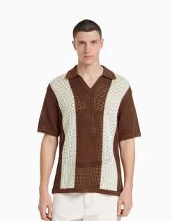 BERSHKA T-shirt manches courtes col polo maille rayures Marron Fashion