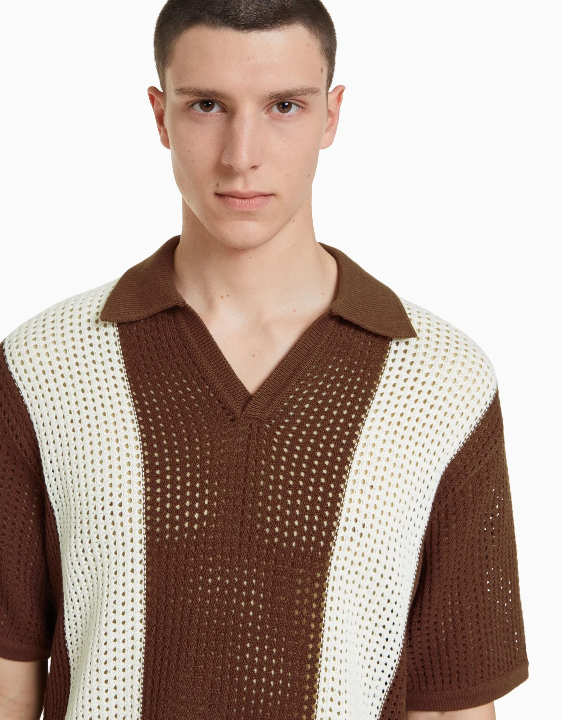 BERSHKA T-shirt manches courtes col polo maille rayures Marron Fashion