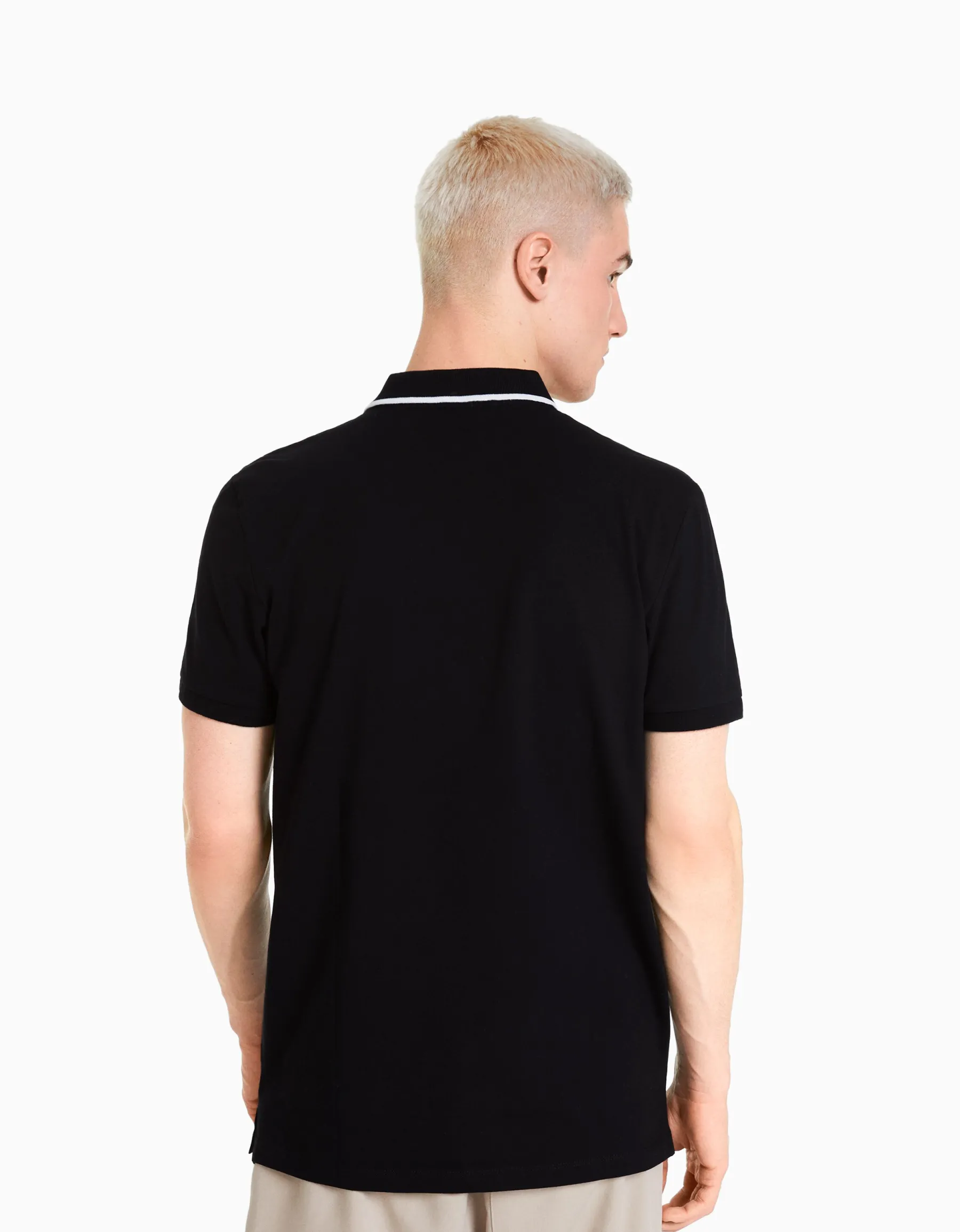 BERSHKA T-shirt manches courtes col polo bandes Blanc Online