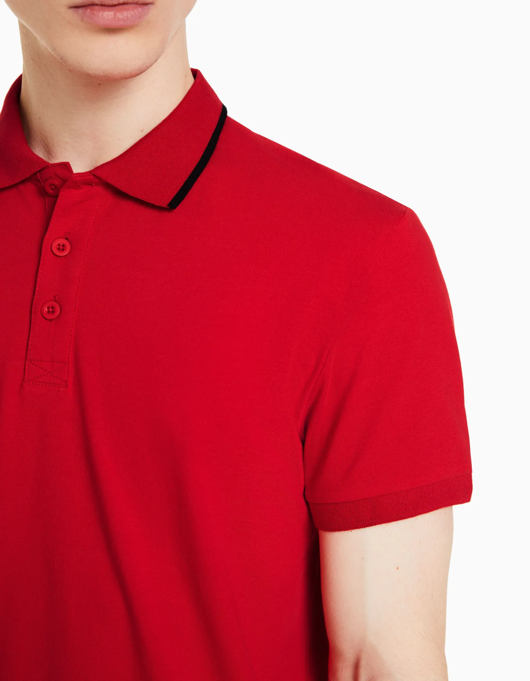 BERSHKA T-shirt manches courtes col polo bandes Blanc Cheap