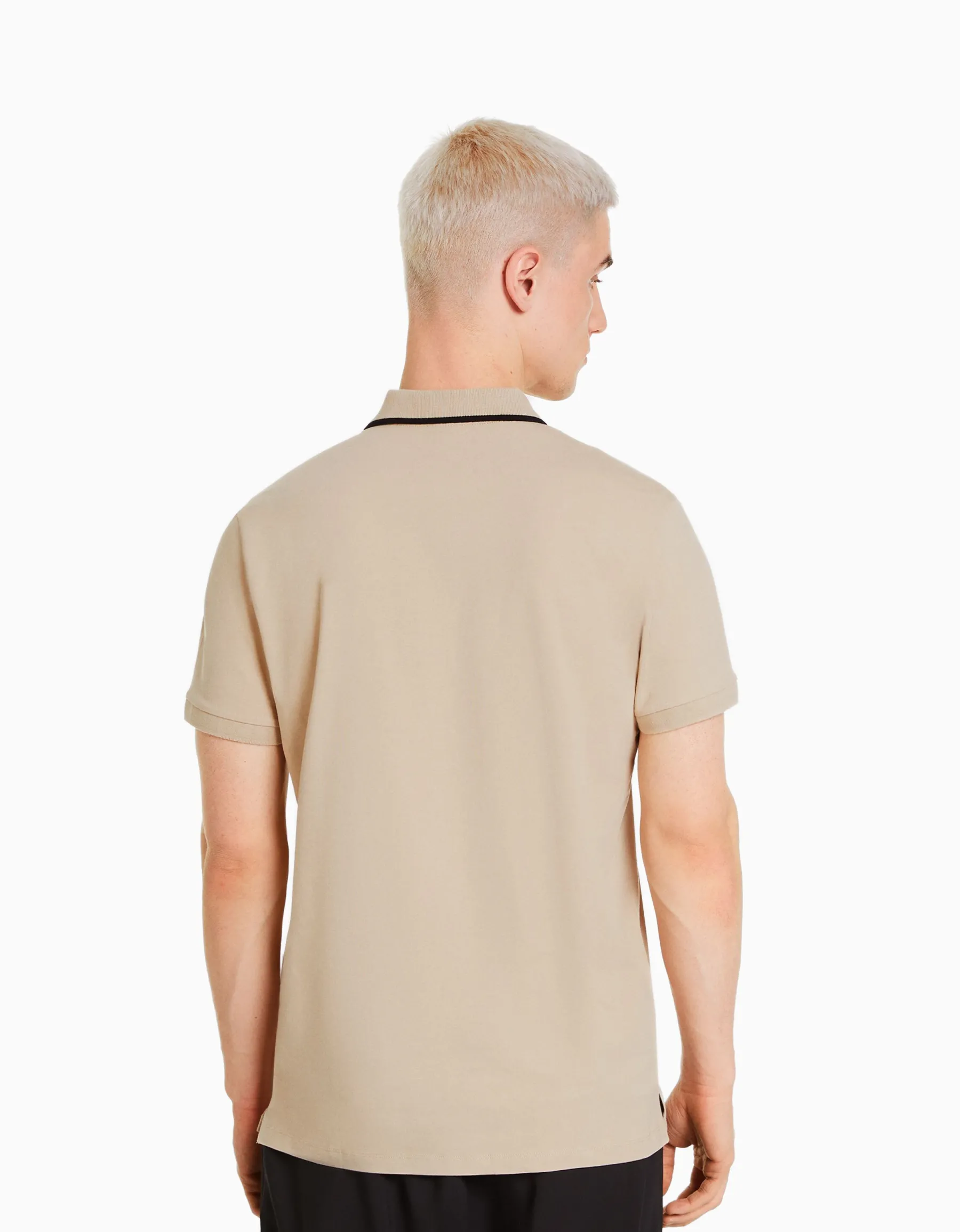 BERSHKA T-shirt manches courtes col polo bandes Blanc Outlet