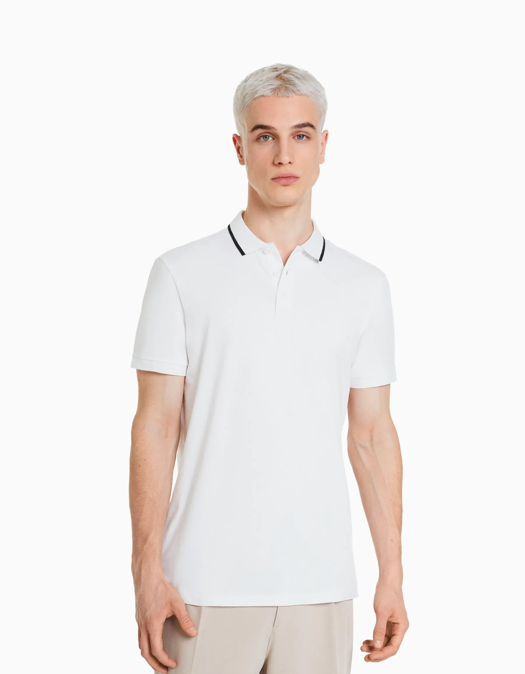 BERSHKA T-shirt manches courtes col polo bandes Blanc Store