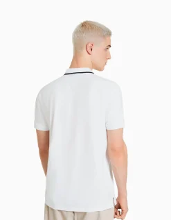 BERSHKA T-shirt manches courtes col polo bandes Blanc Store