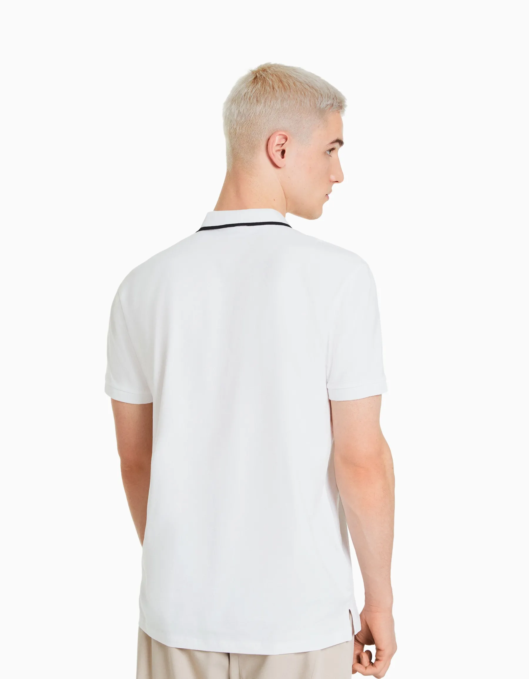 BERSHKA T-shirt manches courtes col polo bandes Blanc Store