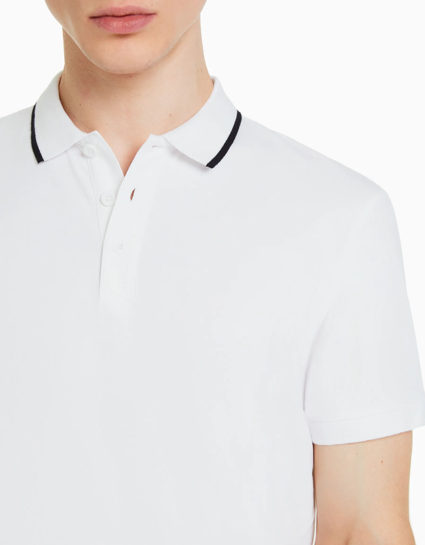 BERSHKA T-shirt manches courtes col polo bandes Blanc Store