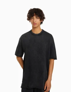BERSHKA T-shirt manches courtes effet délavé Noir Discount