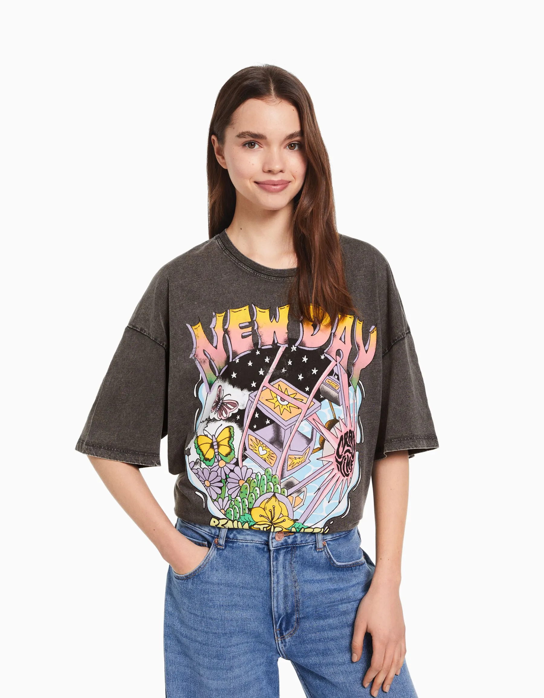 BERSHKA T-shirt manches courtes effet délavé imprimé Noir Store