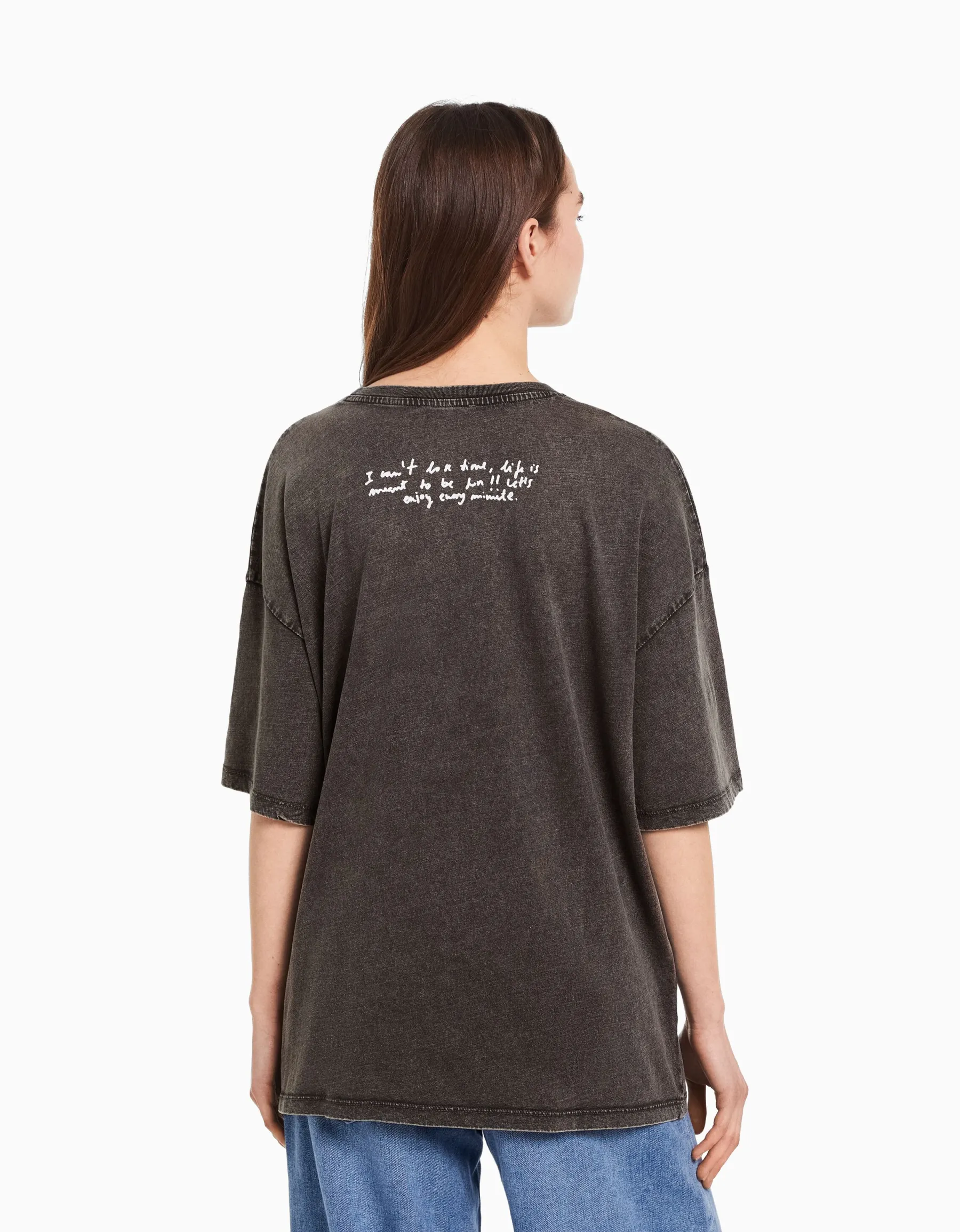 BERSHKA T-shirt manches courtes effet délavé imprimé Noir Store
