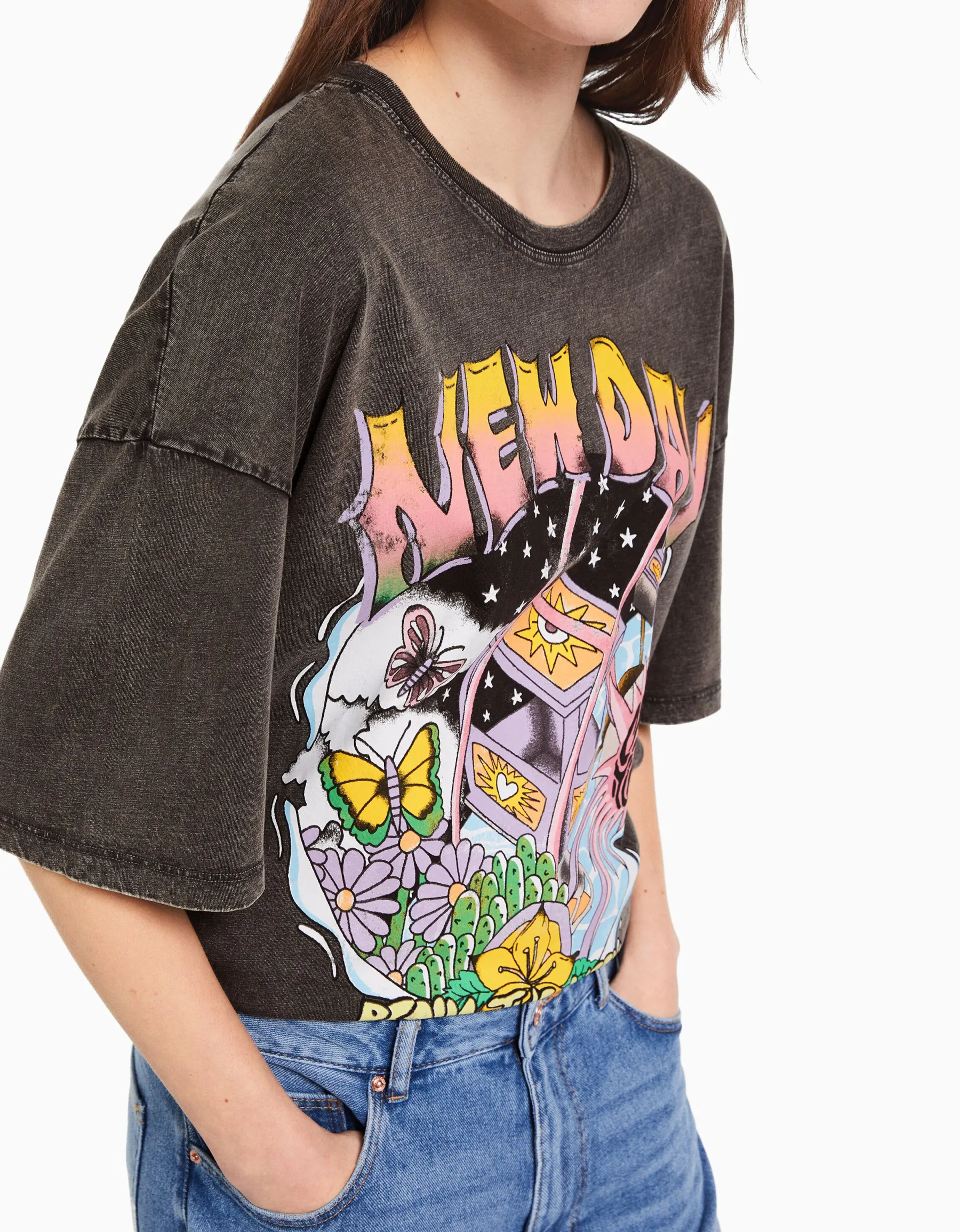 BERSHKA T-shirt manches courtes effet délavé imprimé Noir Store
