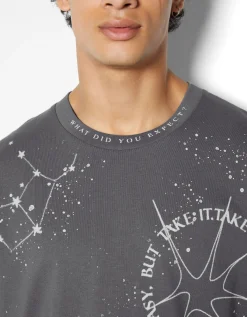 BERSHKA T-shirt manches courtes extra loose imprimé ésotérique Camel Cheap