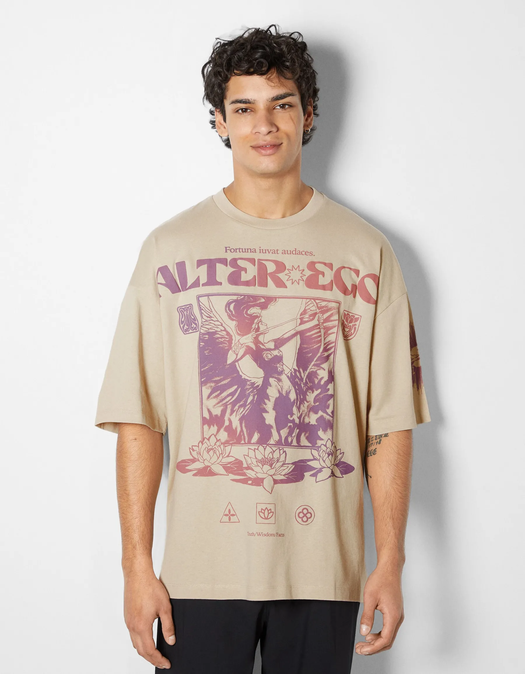 BERSHKA T-shirt manches courtes extra loose imprimé ésotérique Camel Best Sale