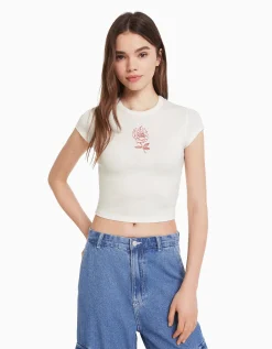 BERSHKA T-shirt manches courtes imprimé Noir Best