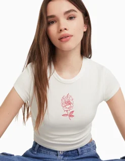 BERSHKA T-shirt manches courtes imprimé Noir Best